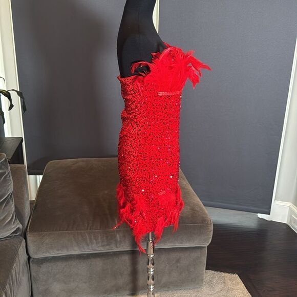 Women’s Short Red Strapless Sequined BodyCon Party Dress with Feathers Size L - Picture 5 of 16
